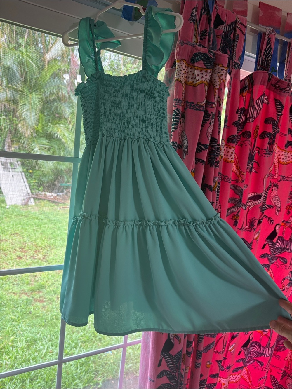 Girls Smocked Ruffle Strap Dress - Aqua